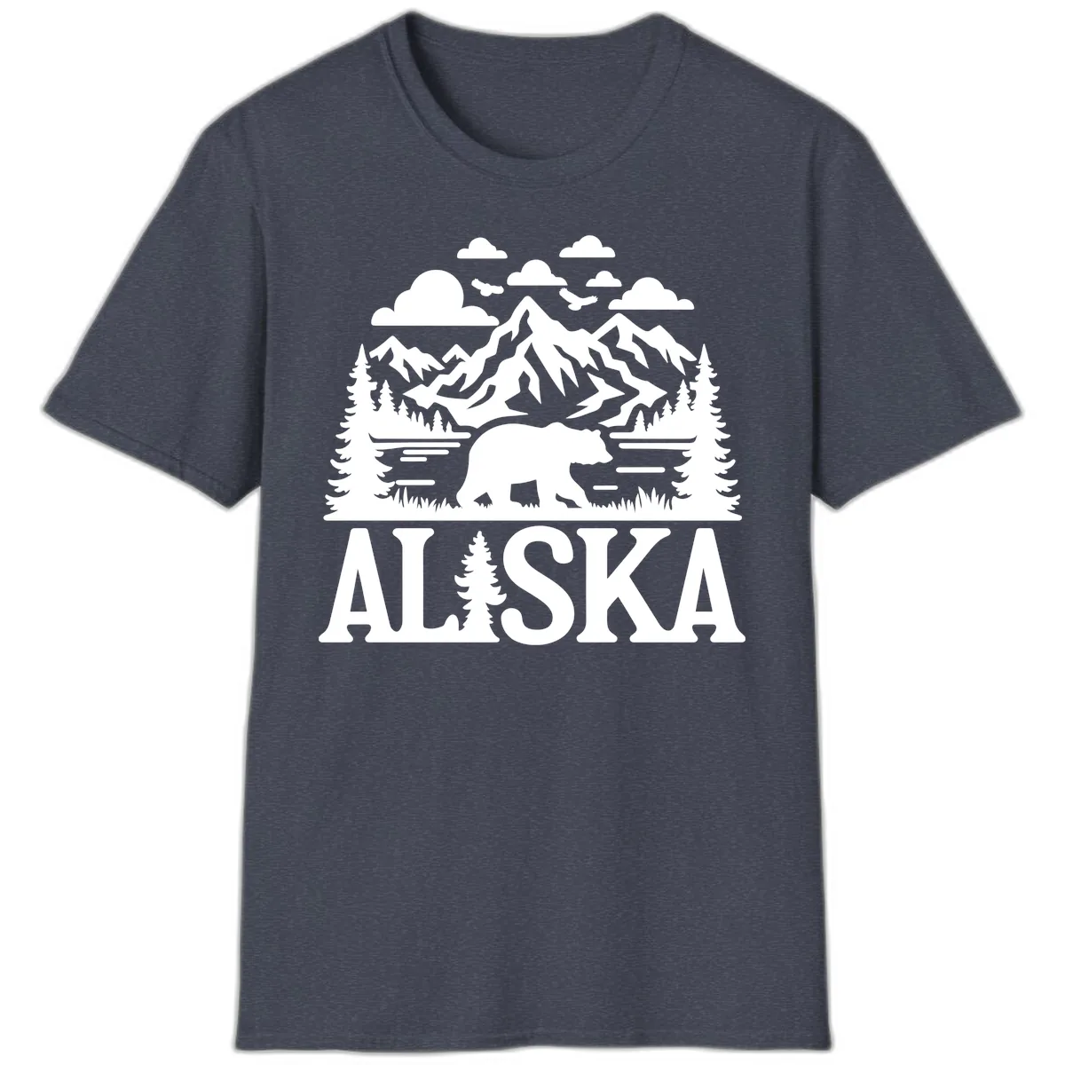 Alaska Bear Mountain Forest Landscape T-Shirt in Heather Navy