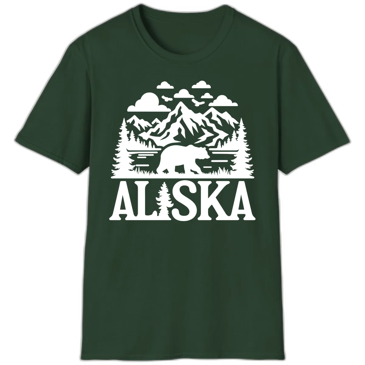 Alaska Bear Mountain Forest Landscape T-Shirt in Forest Green