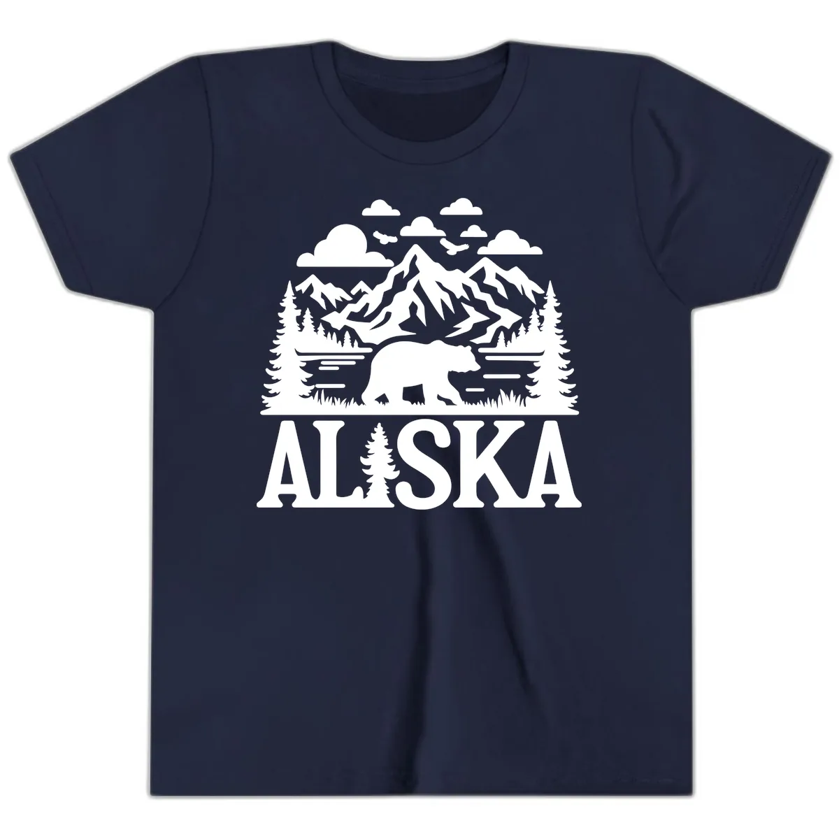 Alaska Bear Mountain Forest Landscape Youth T-Shirt in Navy