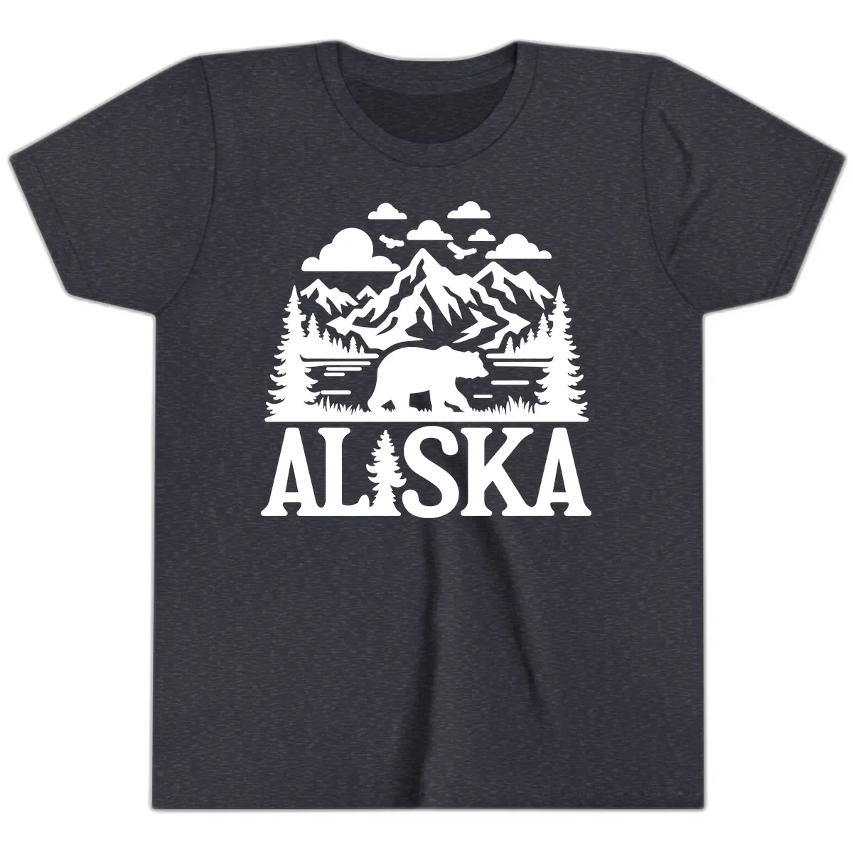 Alaska Bear Mountain Forest Landscape Youth T-Shirt in Heather Navy