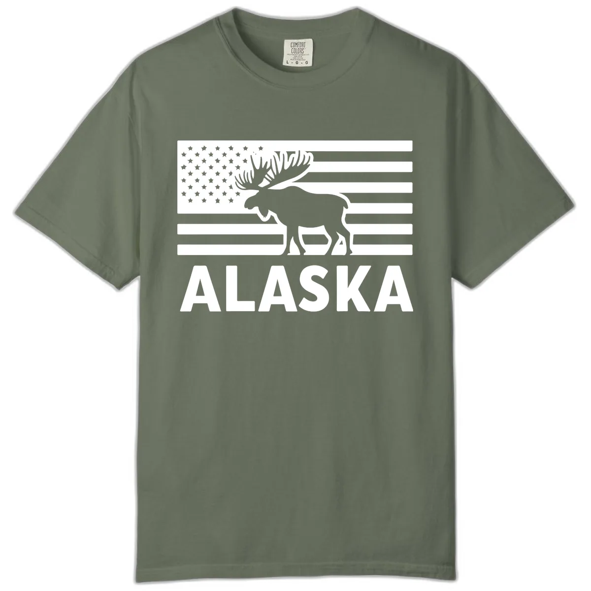 Alaskan Moose Silhouette American Flag Comfort Color in Moss