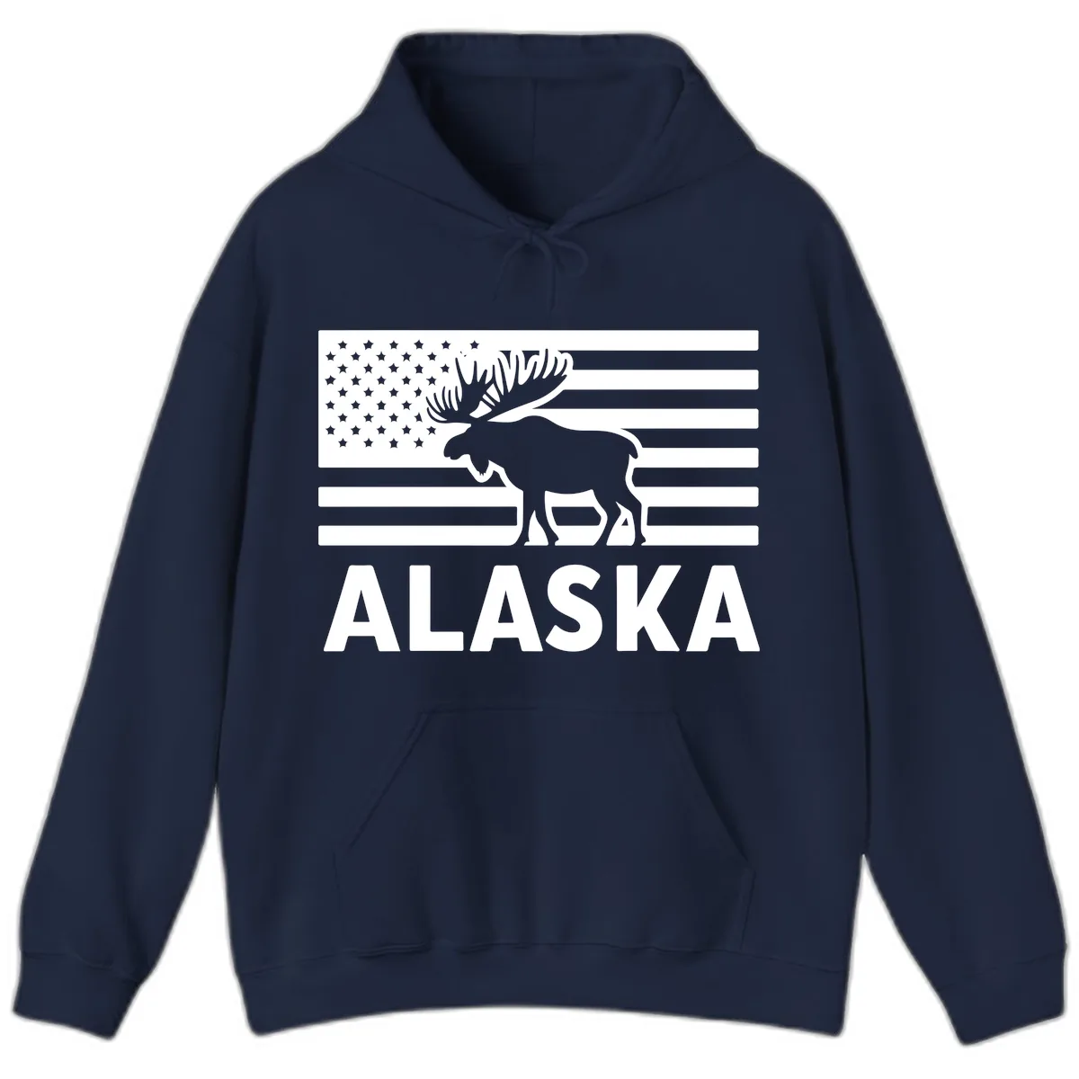 Alaskan Moose Silhouette American Flag Hoodie in Navy