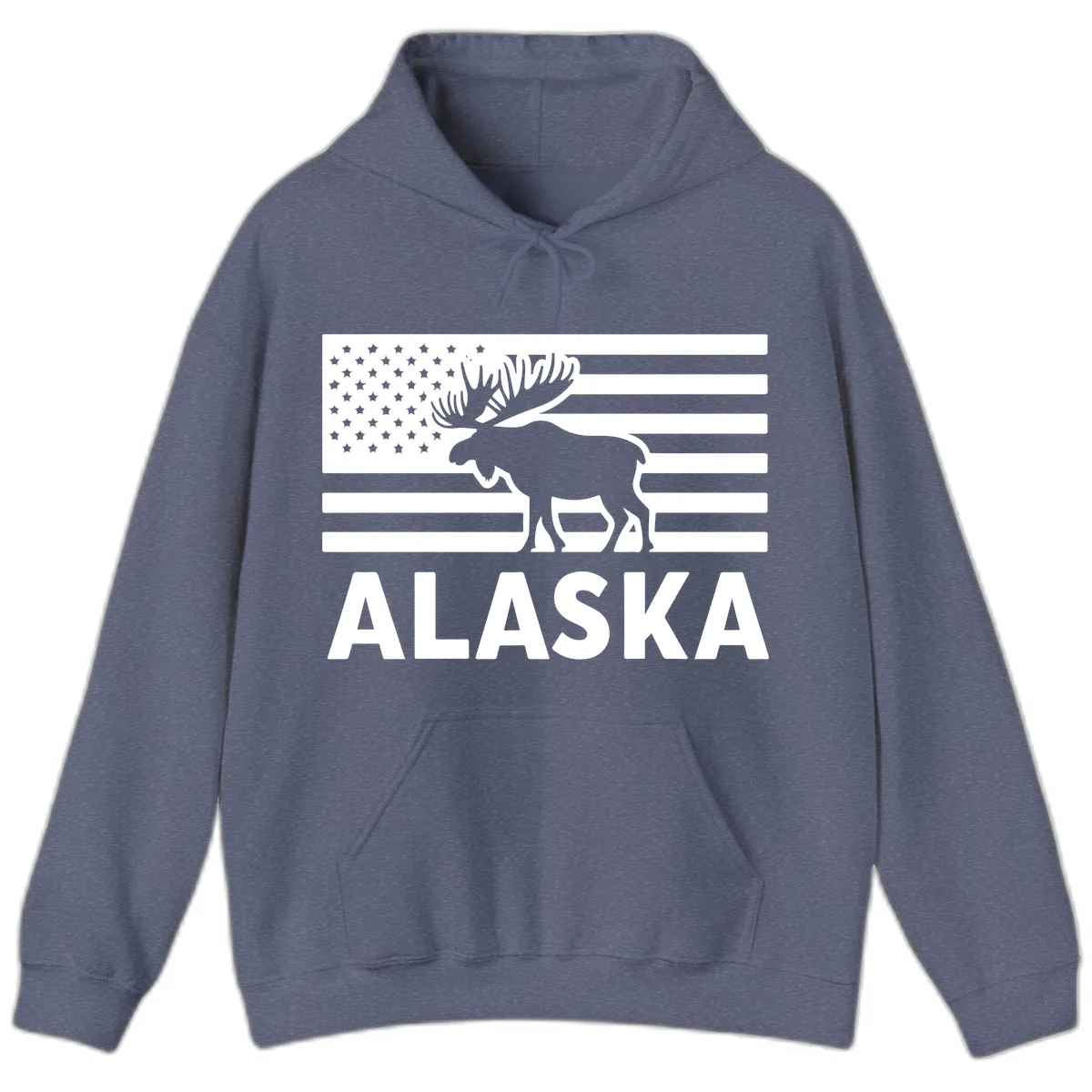 Alaskan Moose Silhouette American Flag Hoodie in Heather Navy