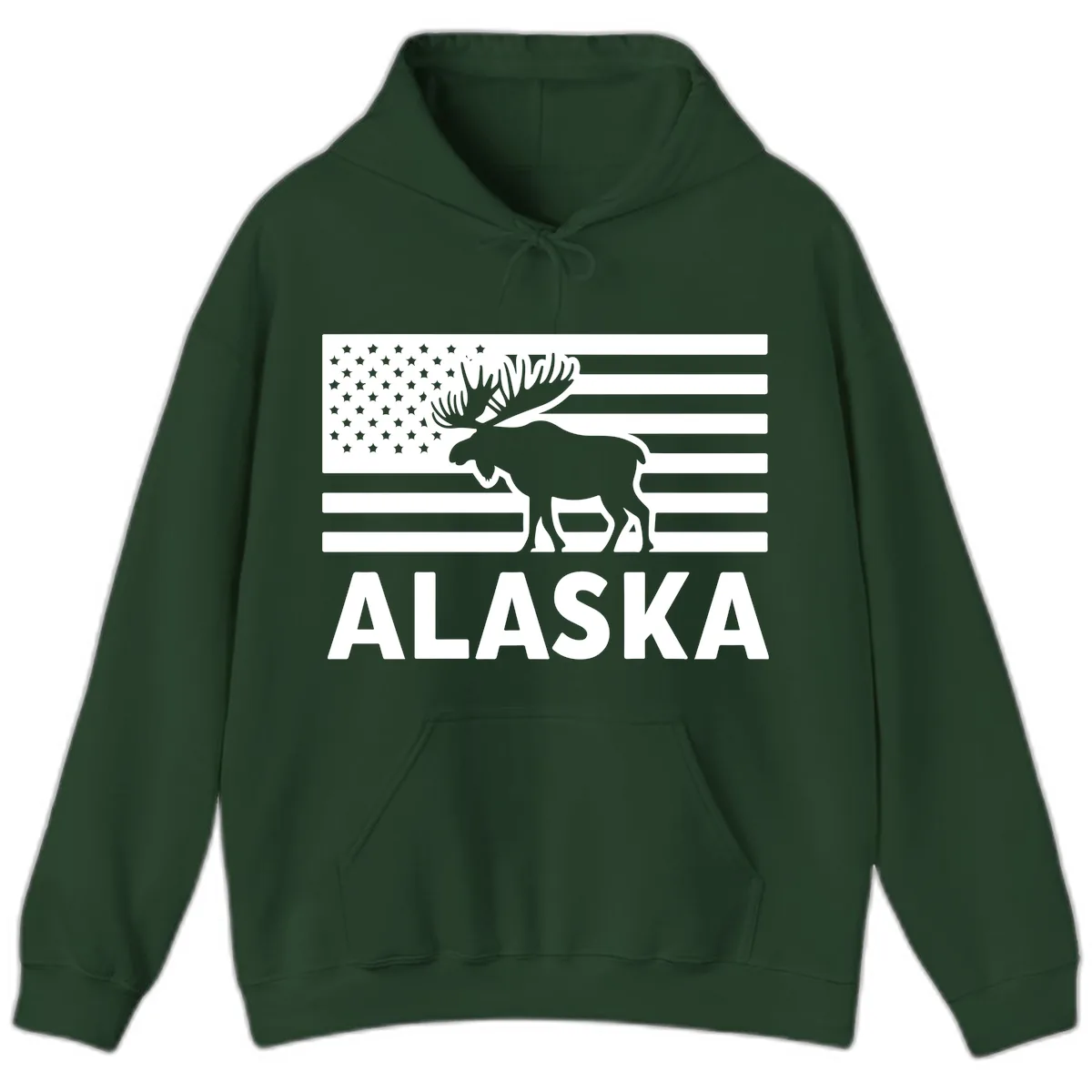 Alaskan Moose Silhouette American Flag Hoodie in Forest Green