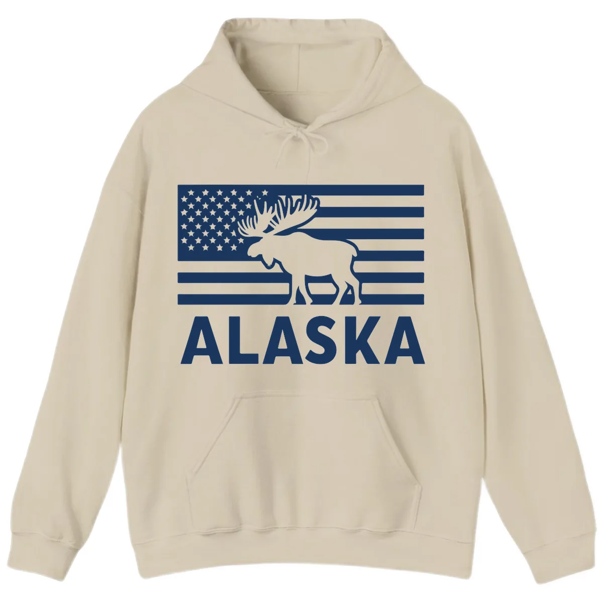 Alaskan Moose Silhouette American Flag Hoodie in Sand