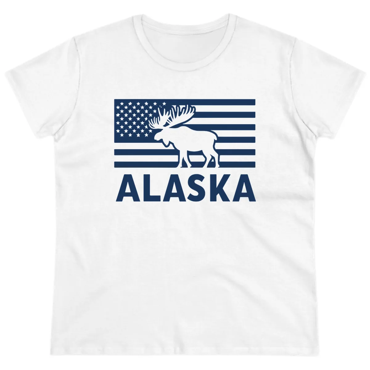 Alaskan Moose Silhouette American Flag Ladies Tee in White