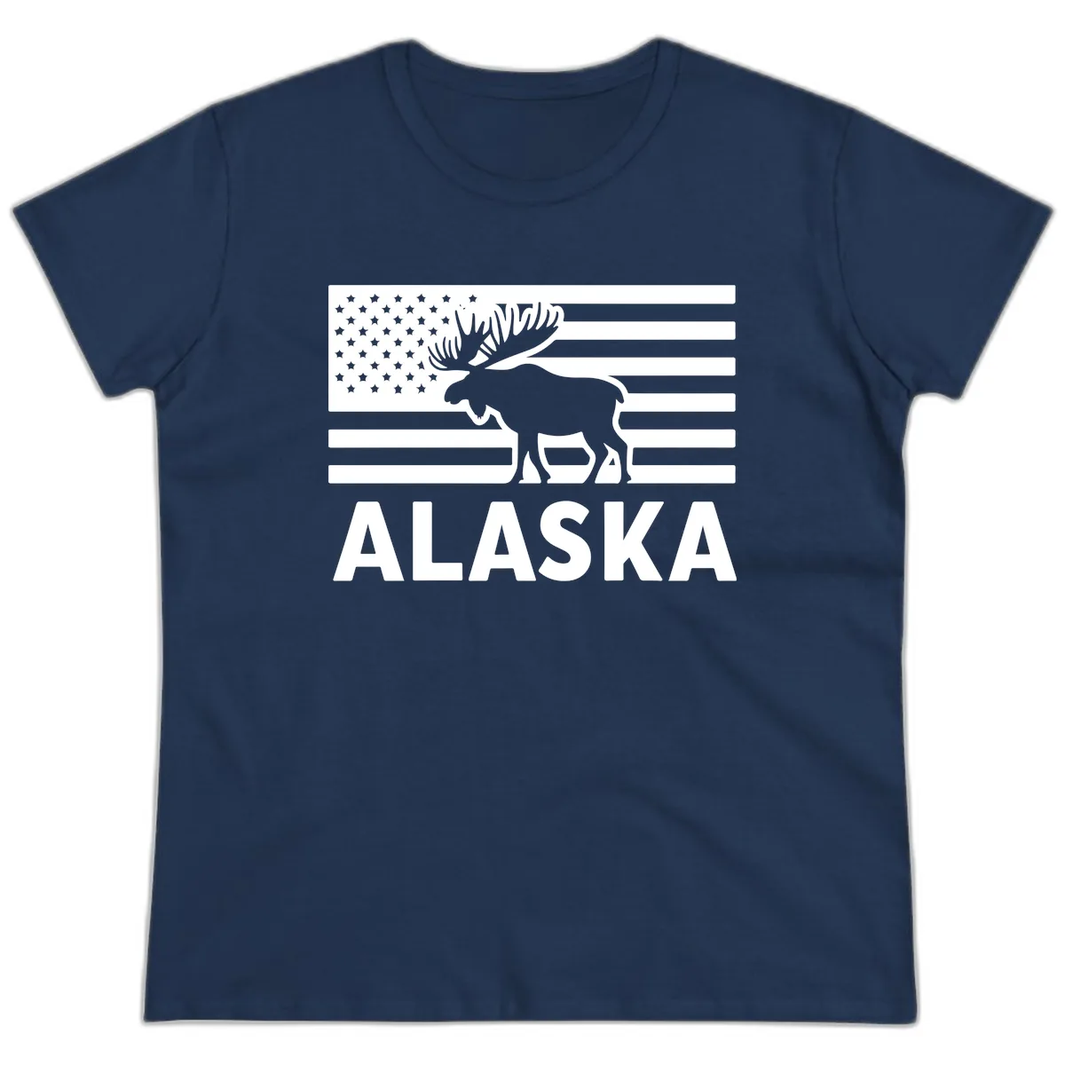 Alaskan Moose Silhouette American Flag Ladies Tee in Navy