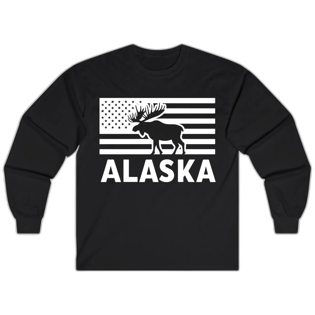 Alaskan Moose Silhouette American Flag Long Sleeve in Black