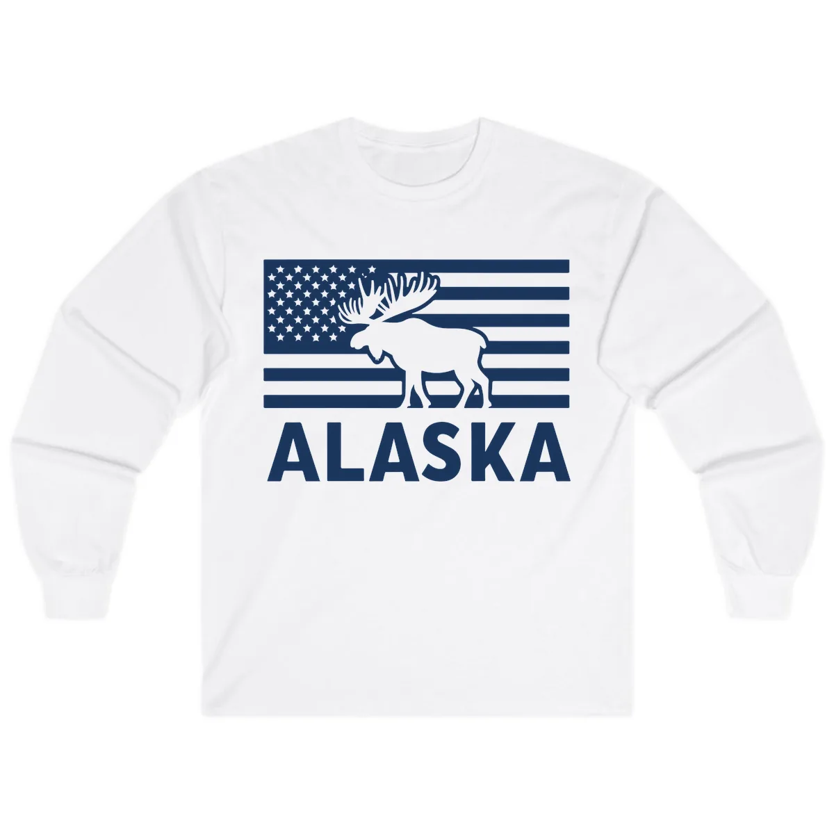 Alaskan Moose Silhouette American Flag Long Sleeve in White