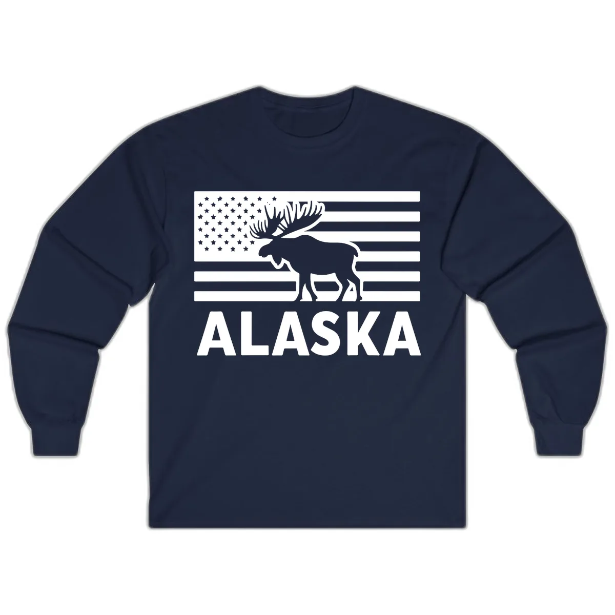 Alaskan Moose Silhouette American Flag Long Sleeve in Navy