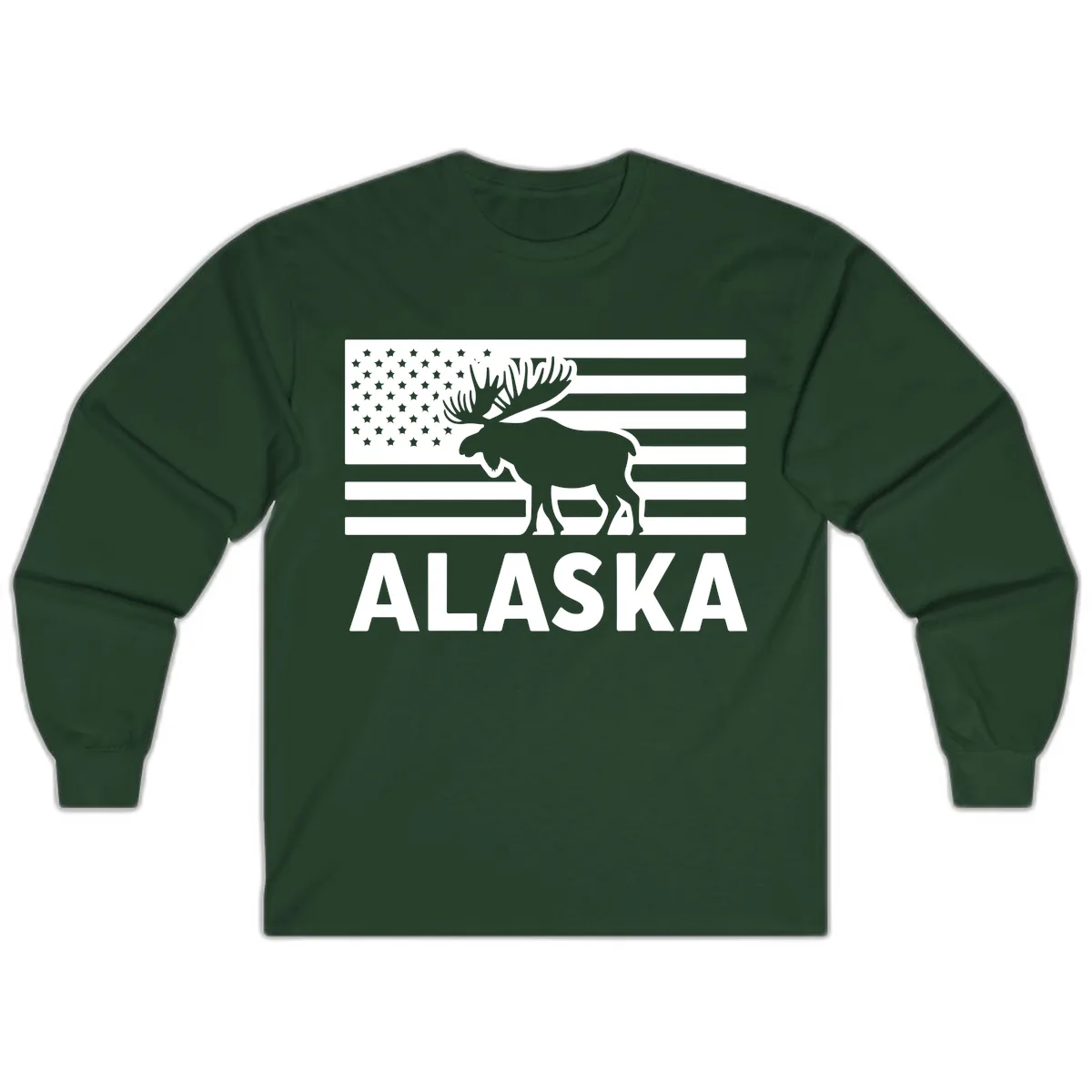Alaskan Moose Silhouette American Flag Long Sleeve in Forest Green