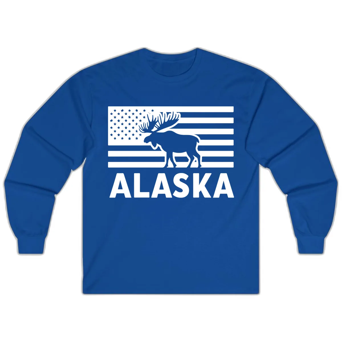 Alaskan Moose Silhouette American Flag Long Sleeve in Royal