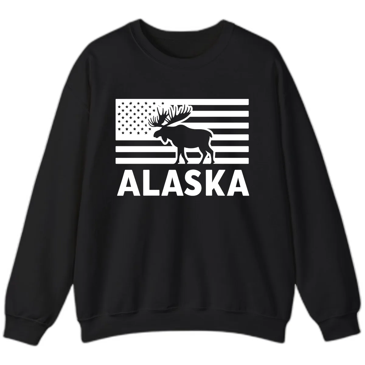 Alaskan Moose Silhouette American Flag Sweatshirt in Black
