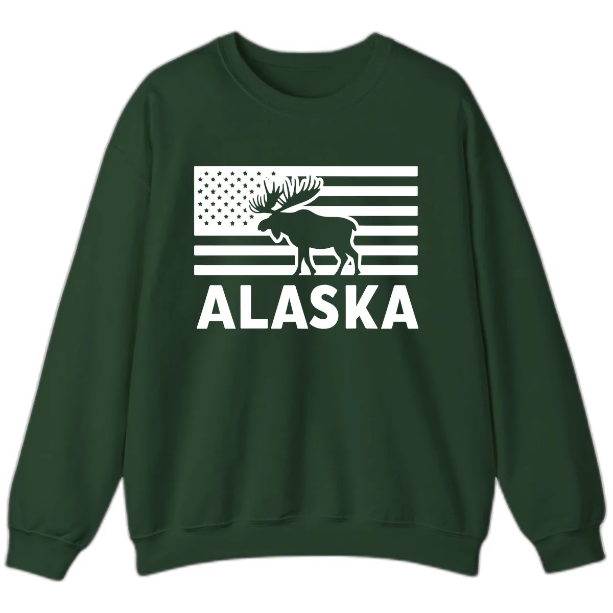 Alaskan Moose Silhouette American Flag Sweatshirt in Forest Green