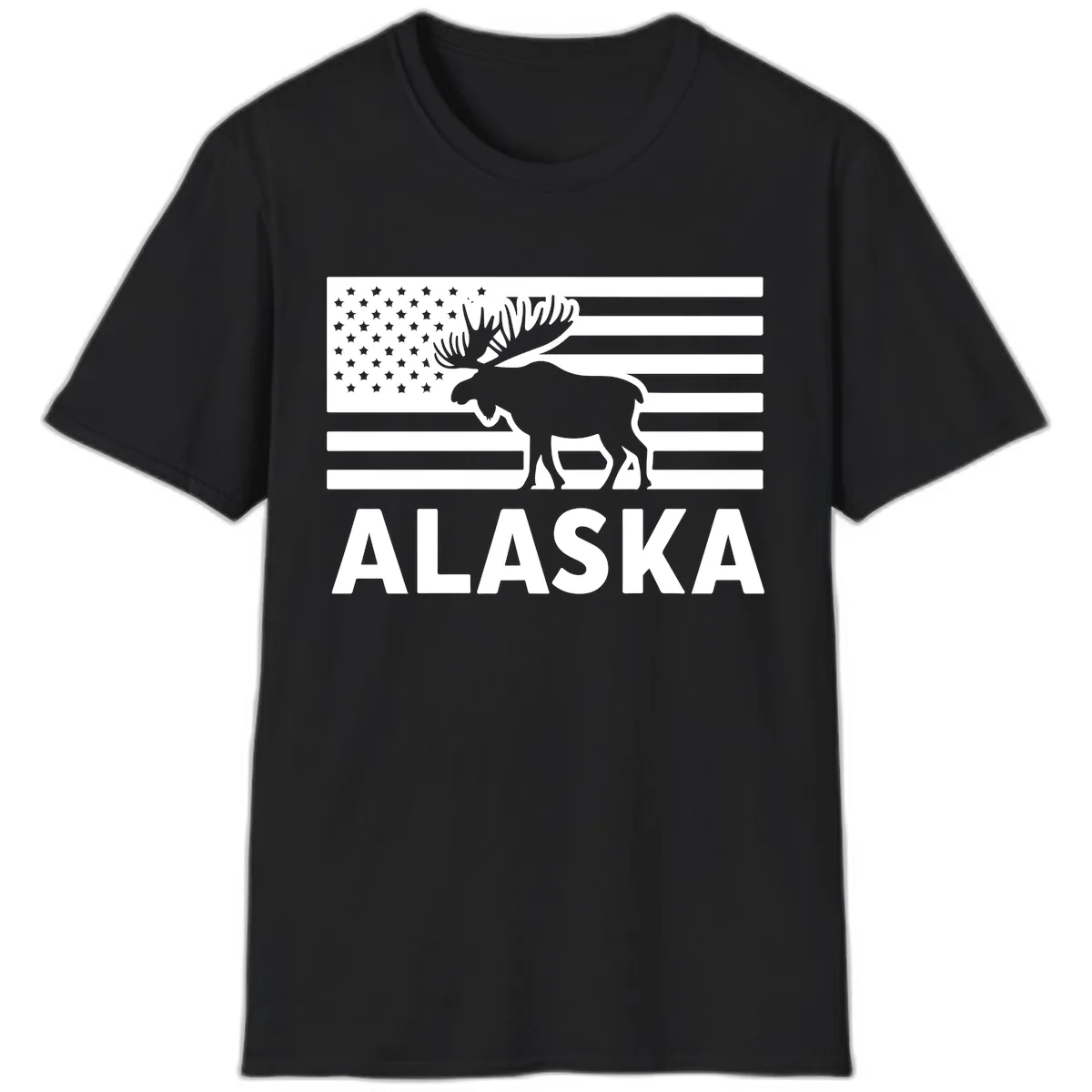Alaskan Moose Silhouette American Flag T-Shirt in Black