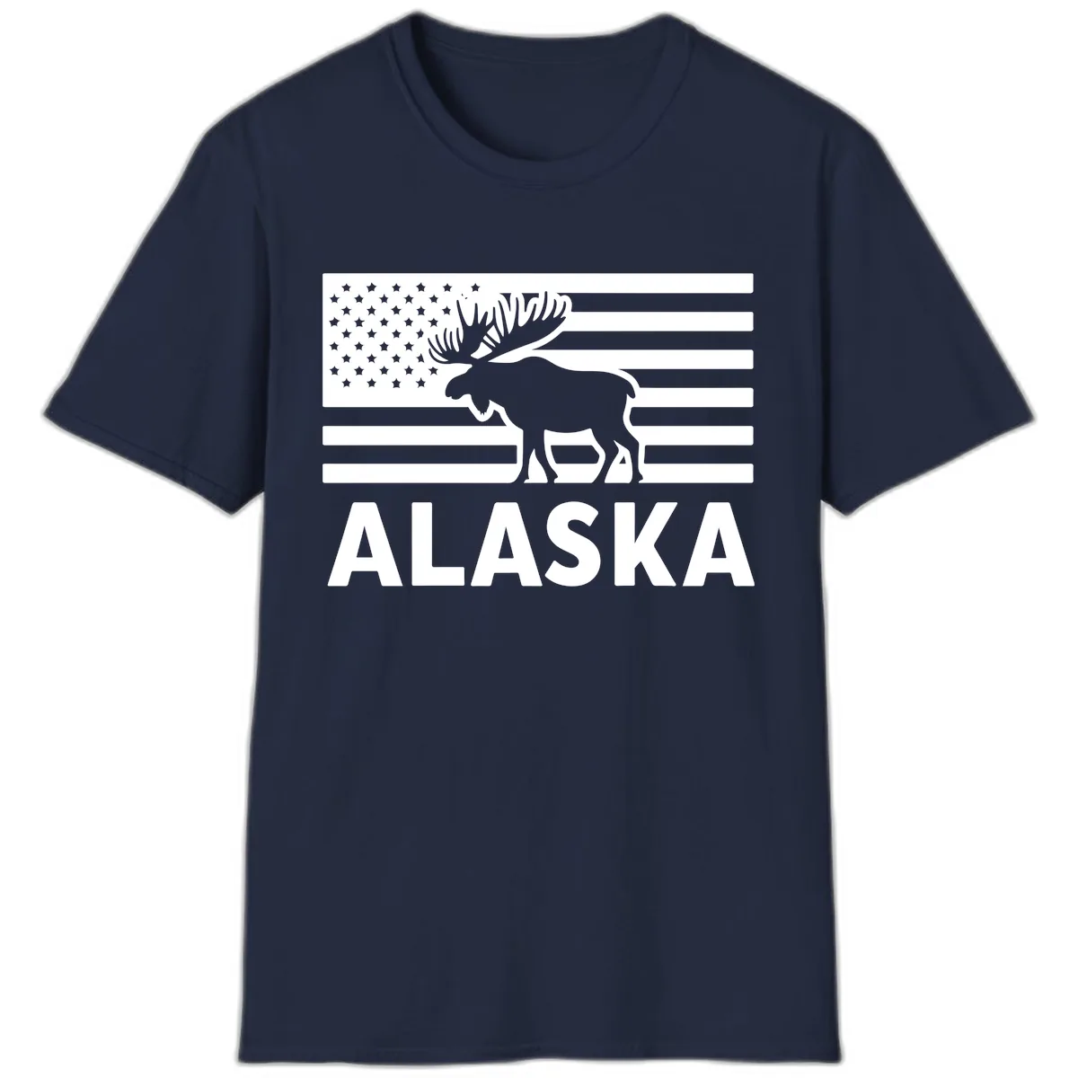 Alaskan Moose Silhouette American Flag T-Shirt in Navy