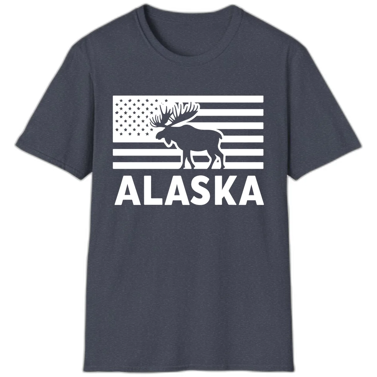 Alaskan Moose Silhouette American Flag T-Shirt in Heather Navy