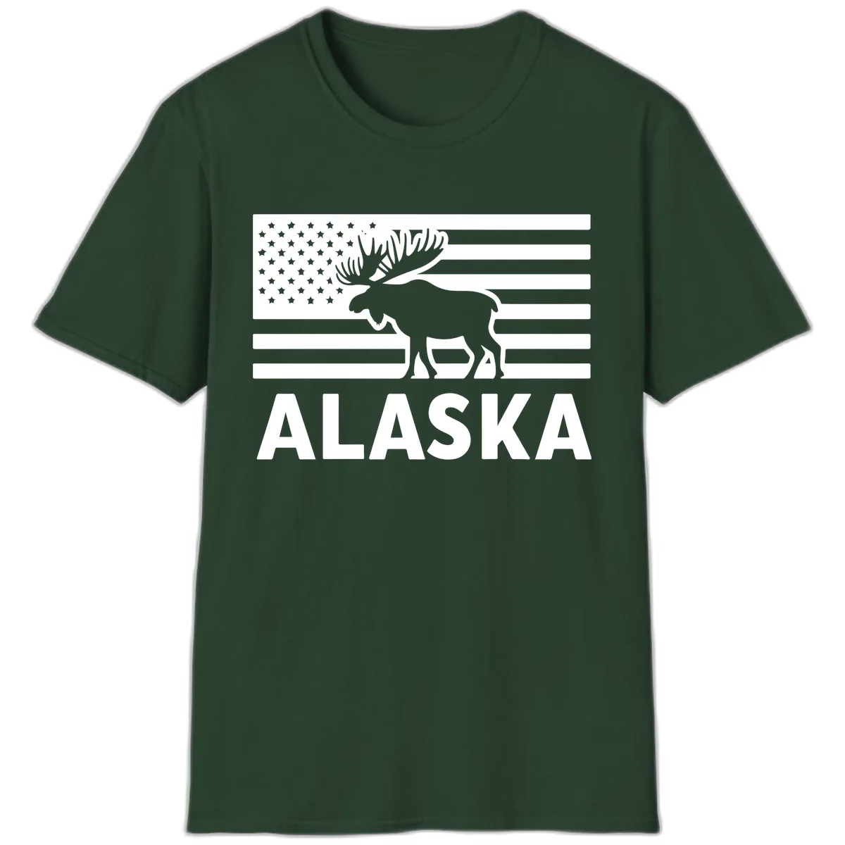 Alaskan Moose Silhouette American Flag T-Shirt in Forest Green