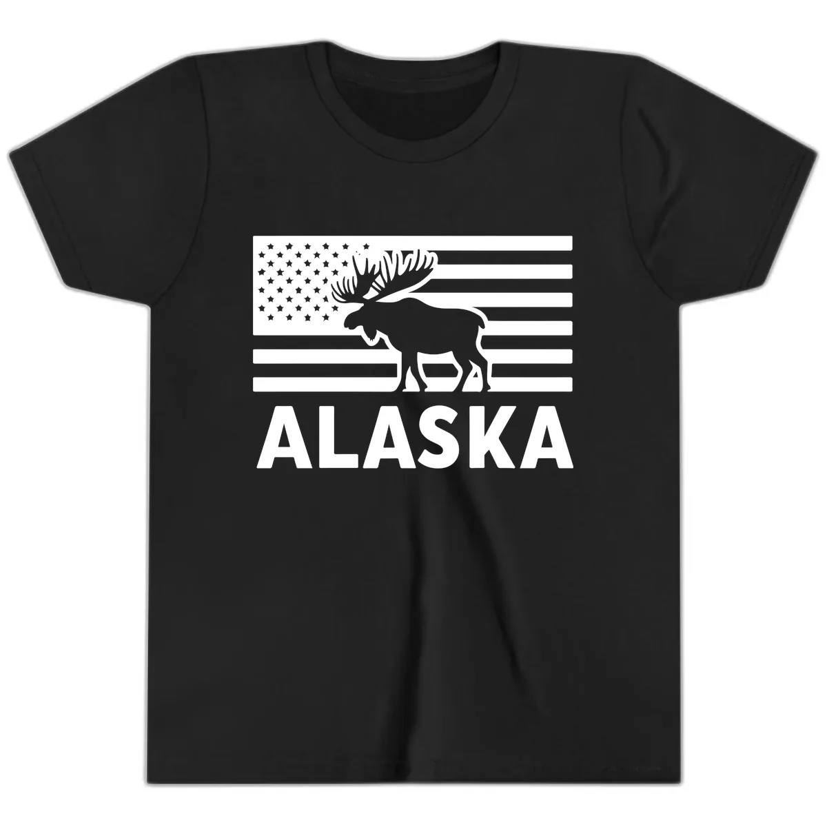 Alaskan Moose Silhouette American Flag Youth T-Shirt in Black