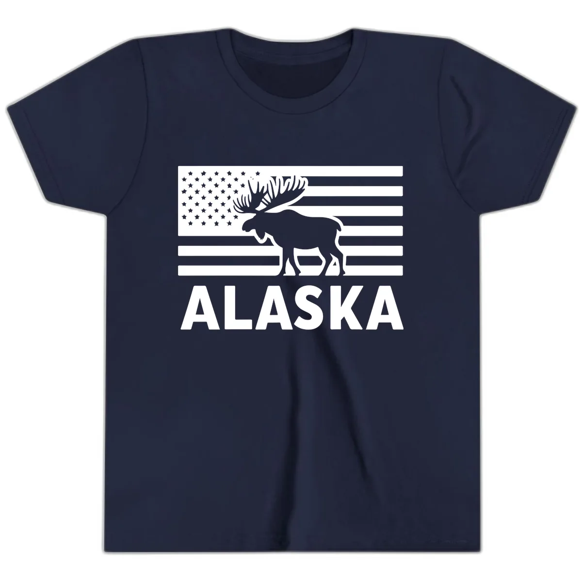 Alaskan Moose Silhouette American Flag Youth T-Shirt in Navy