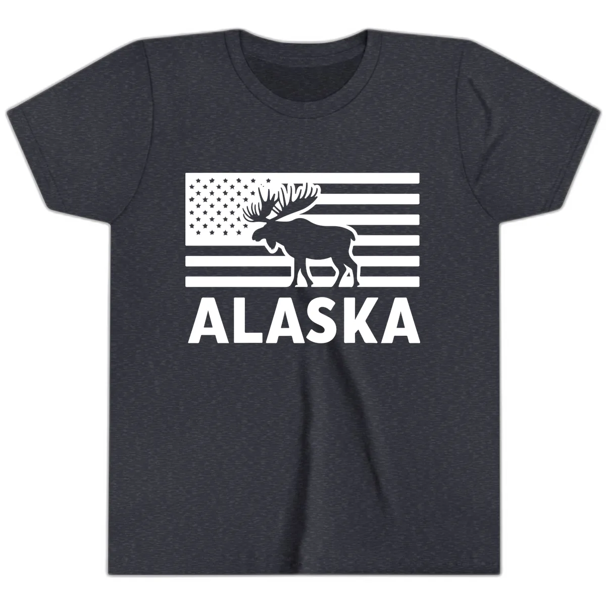 Alaskan Moose Silhouette American Flag Youth T-Shirt in Heather Navy