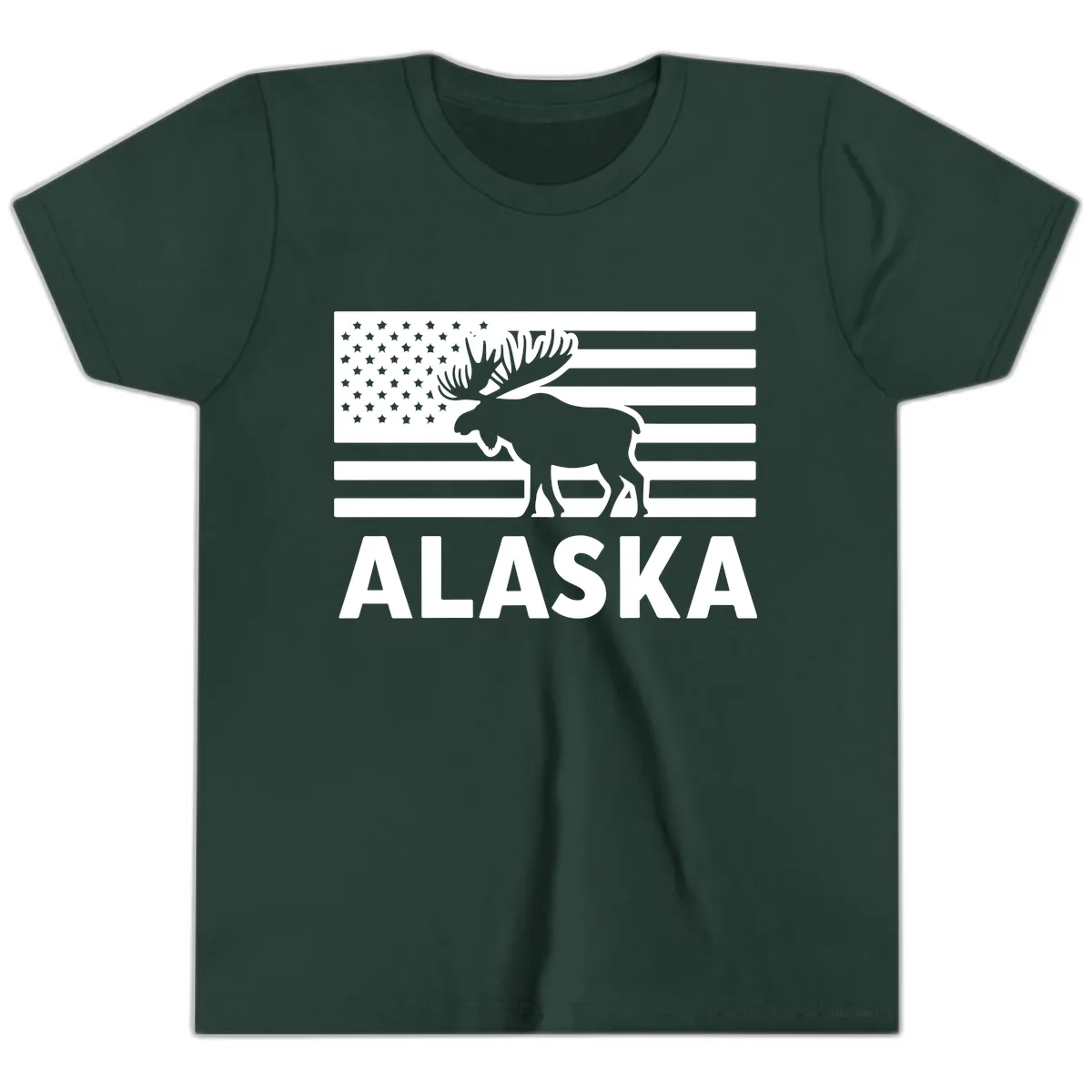 Alaskan Moose Silhouette American Flag Youth T-Shirt in Forest