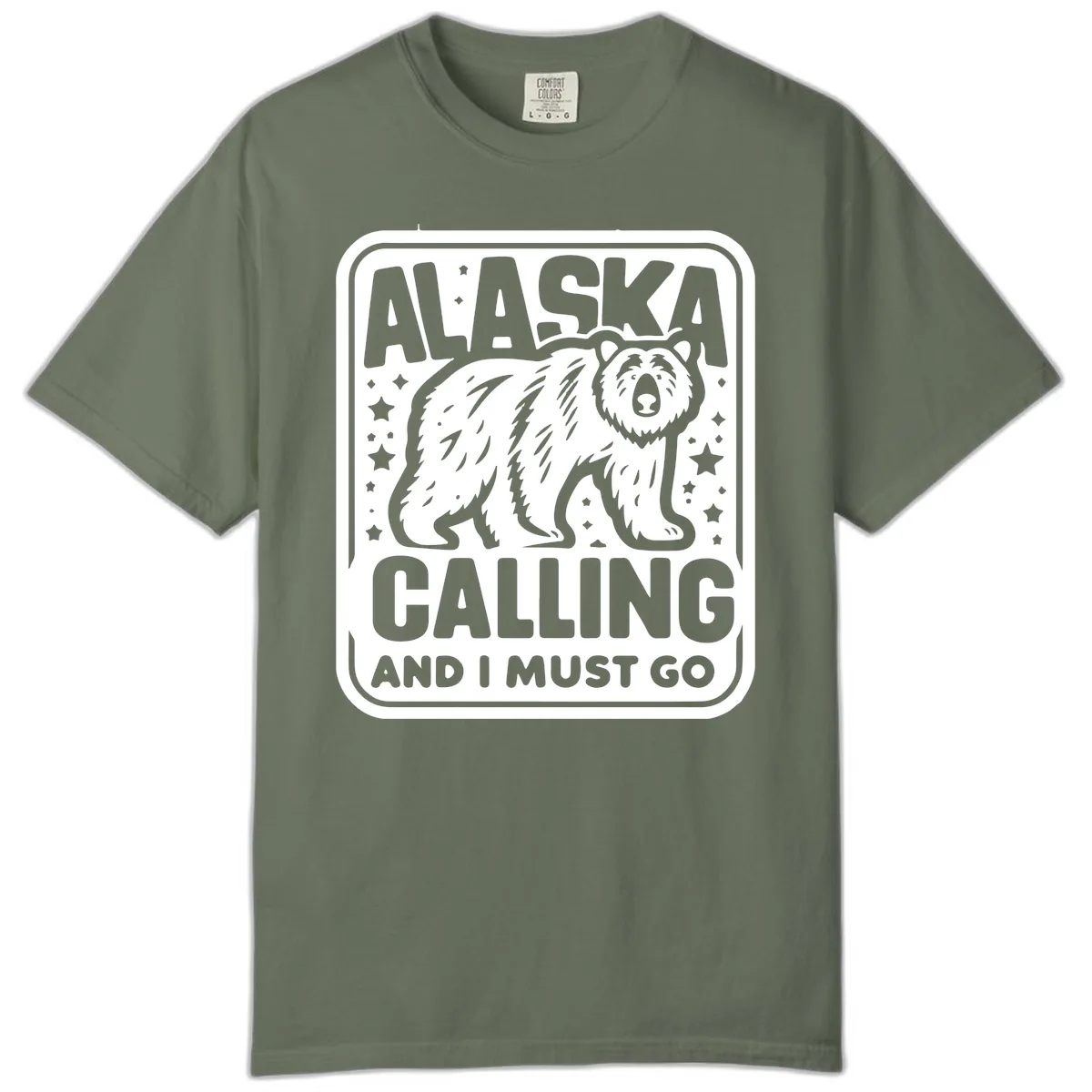 Alaska Calling Bear Adventure Badge Comfort Color in Moss