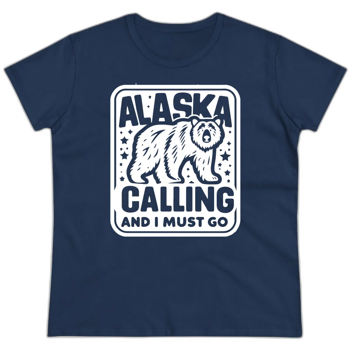 Alaska Calling Bear Adventure Badge Ladies Tee in Navy