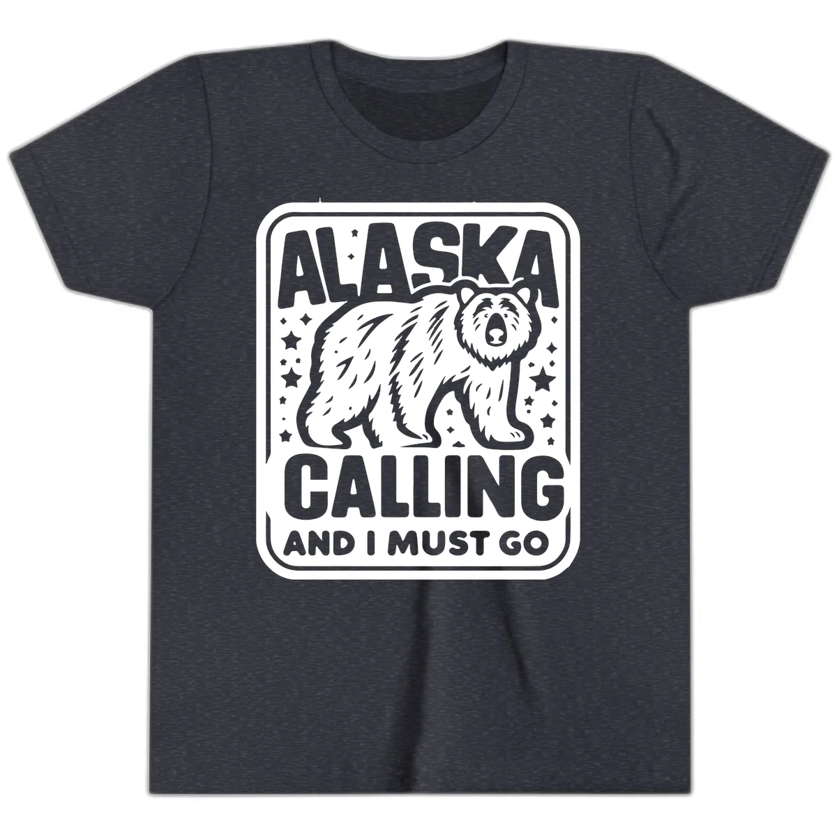 Alaska Calling Bear Adventure Badge Youth T-Shirt in Heather Navy