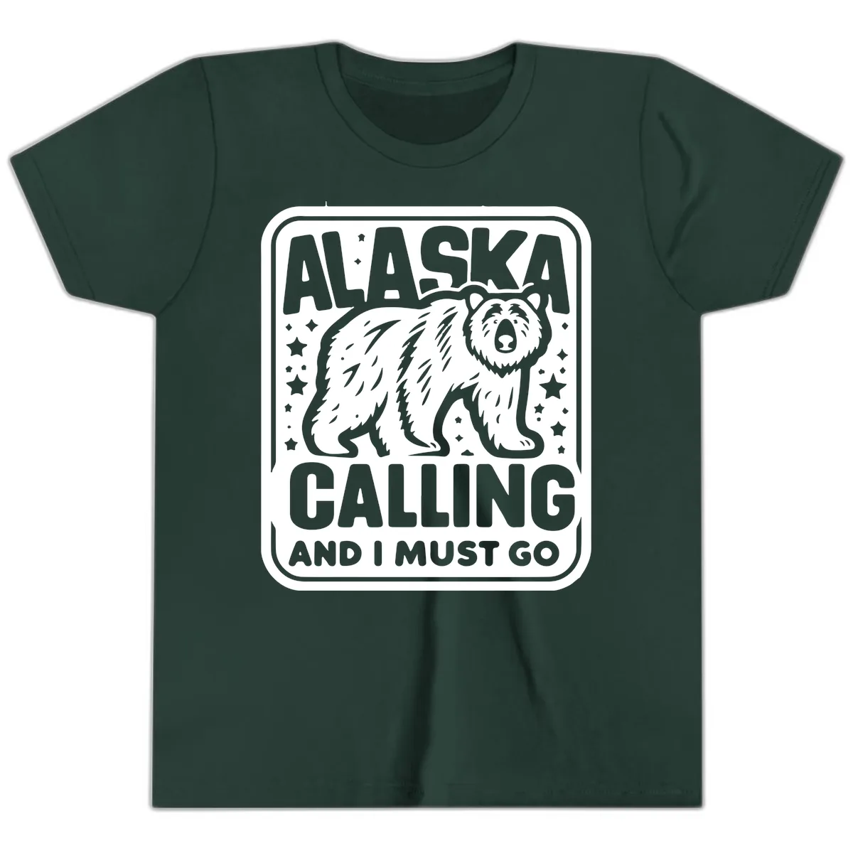 Alaska Calling Bear Adventure Badge Youth T-Shirt in Forest