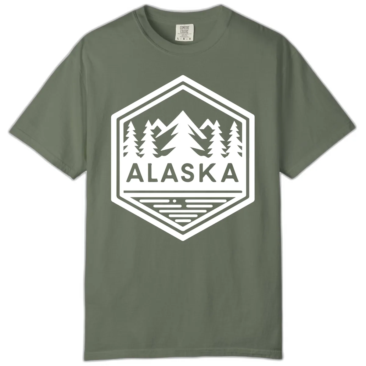 Alaska Scenic Mountain Lake Badge Comfort Color in Moss