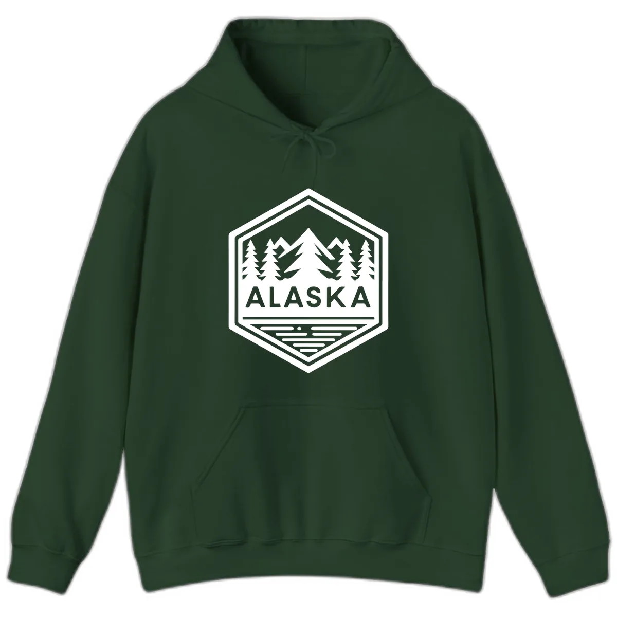 Alaska Scenic Mountain Lake Badge Hoodie in Forest Green