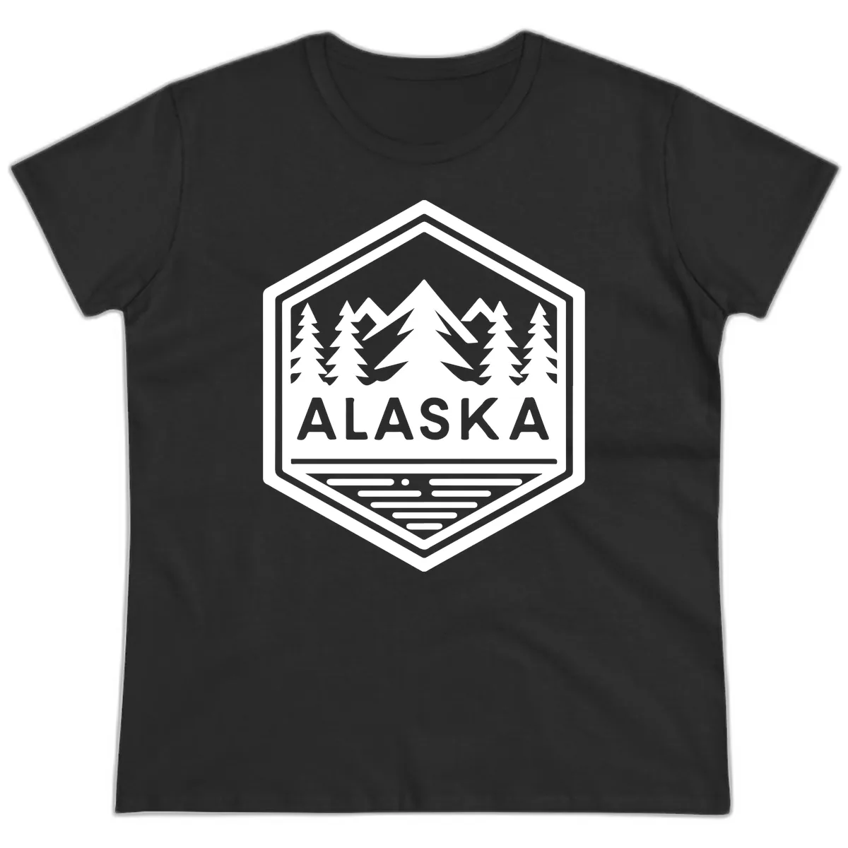 Alaska Scenic Mountain Lake Badge Ladies Tee in Black