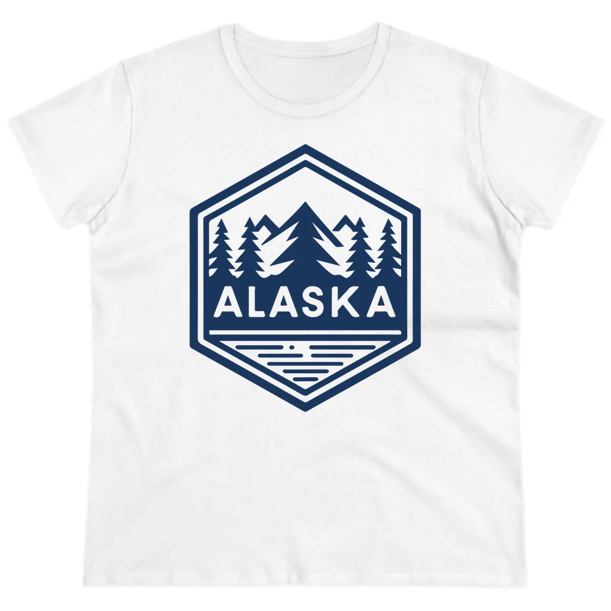 Alaska Scenic Mountain Lake Badge Ladies Tee in White
