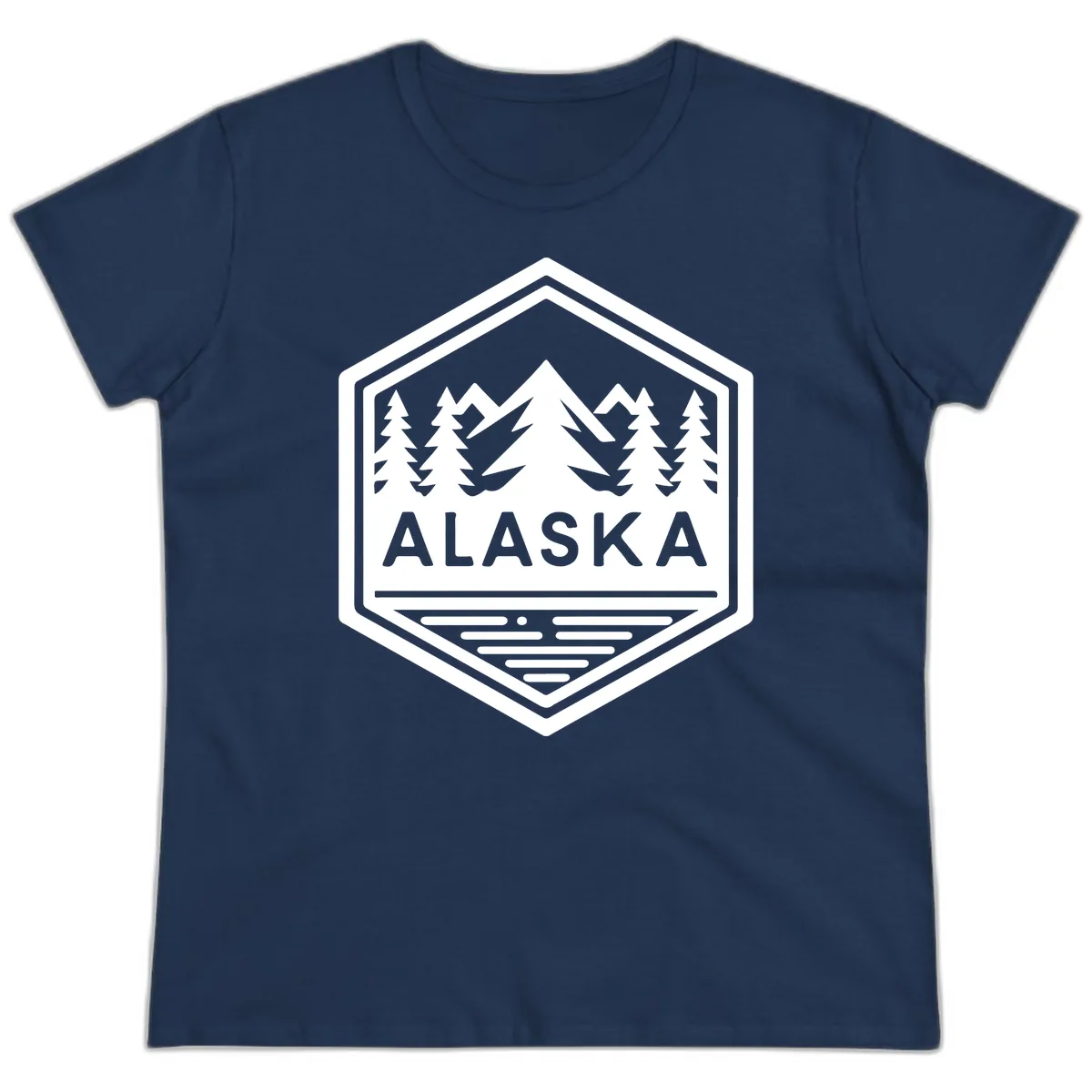Alaska Scenic Mountain Lake Badge Ladies Tee in Navy