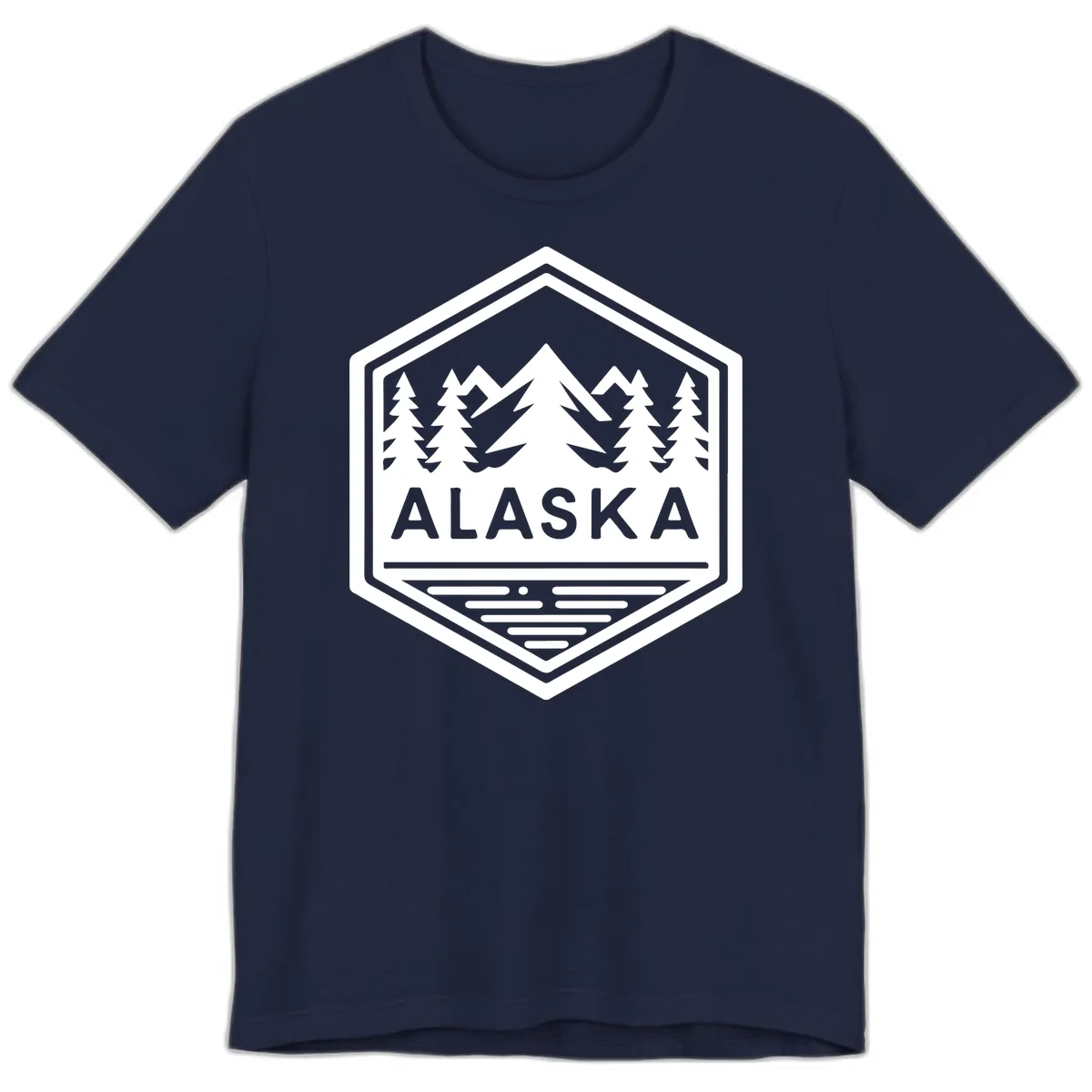 Alaska Scenic Mountain Lake Badge Premium T-Shirt in Navy