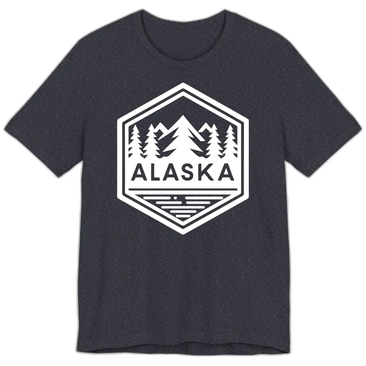 Alaska Scenic Mountain Lake Badge Premium T-Shirt in Heather Navy