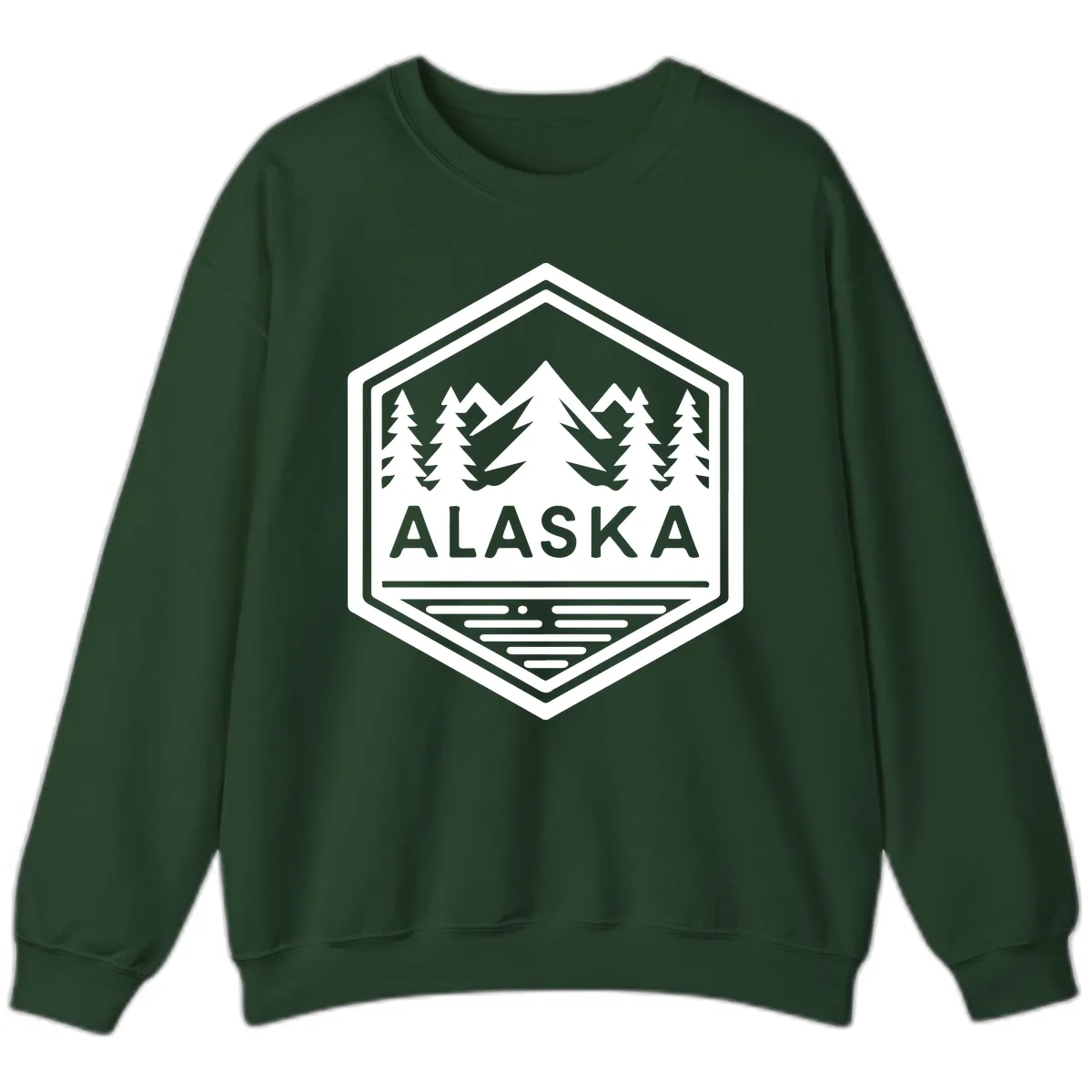 Alaska Scenic Mountain Lake Badge Sweatshirt in Forest Green