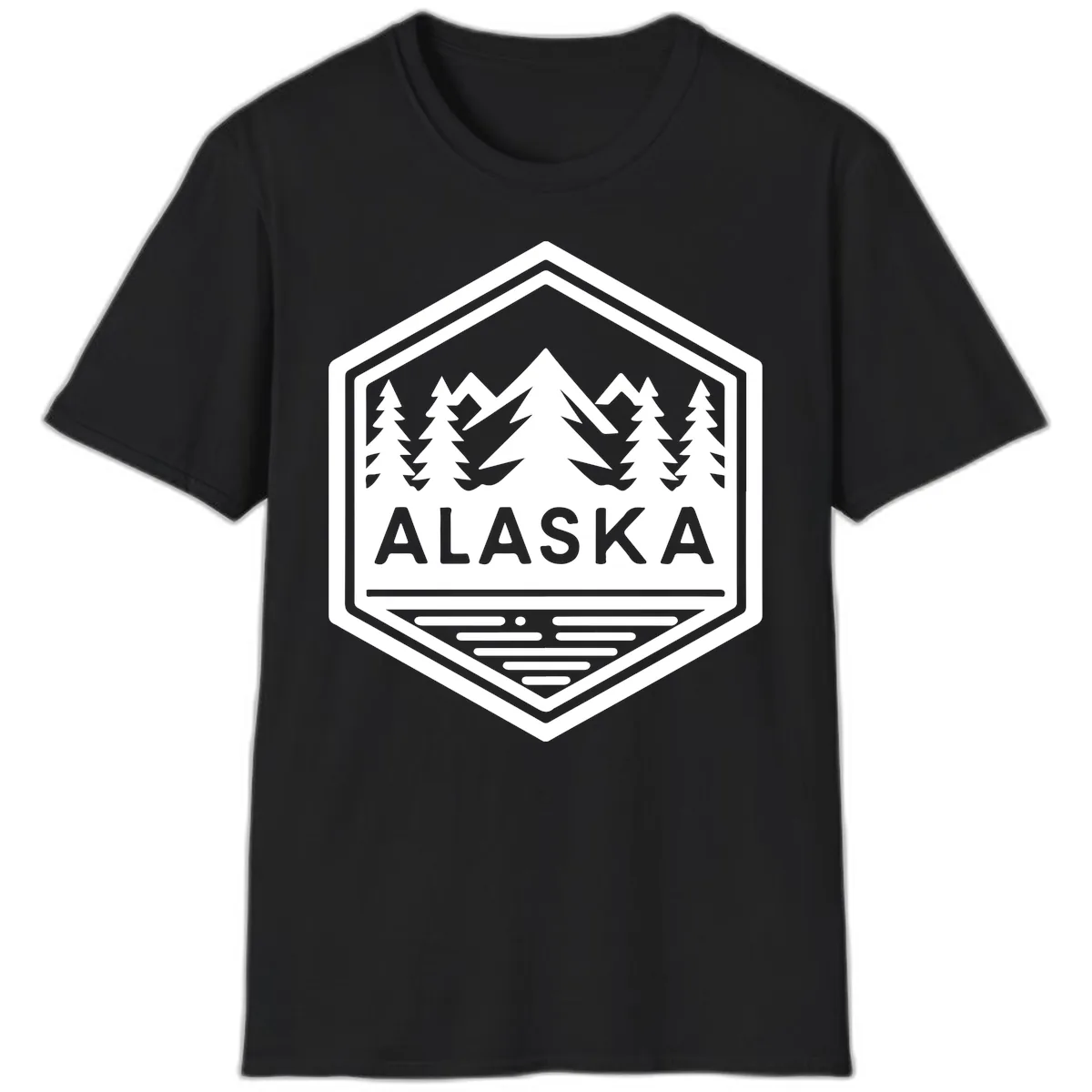 Alaska Scenic Mountain Lake Badge T-Shirt in Black