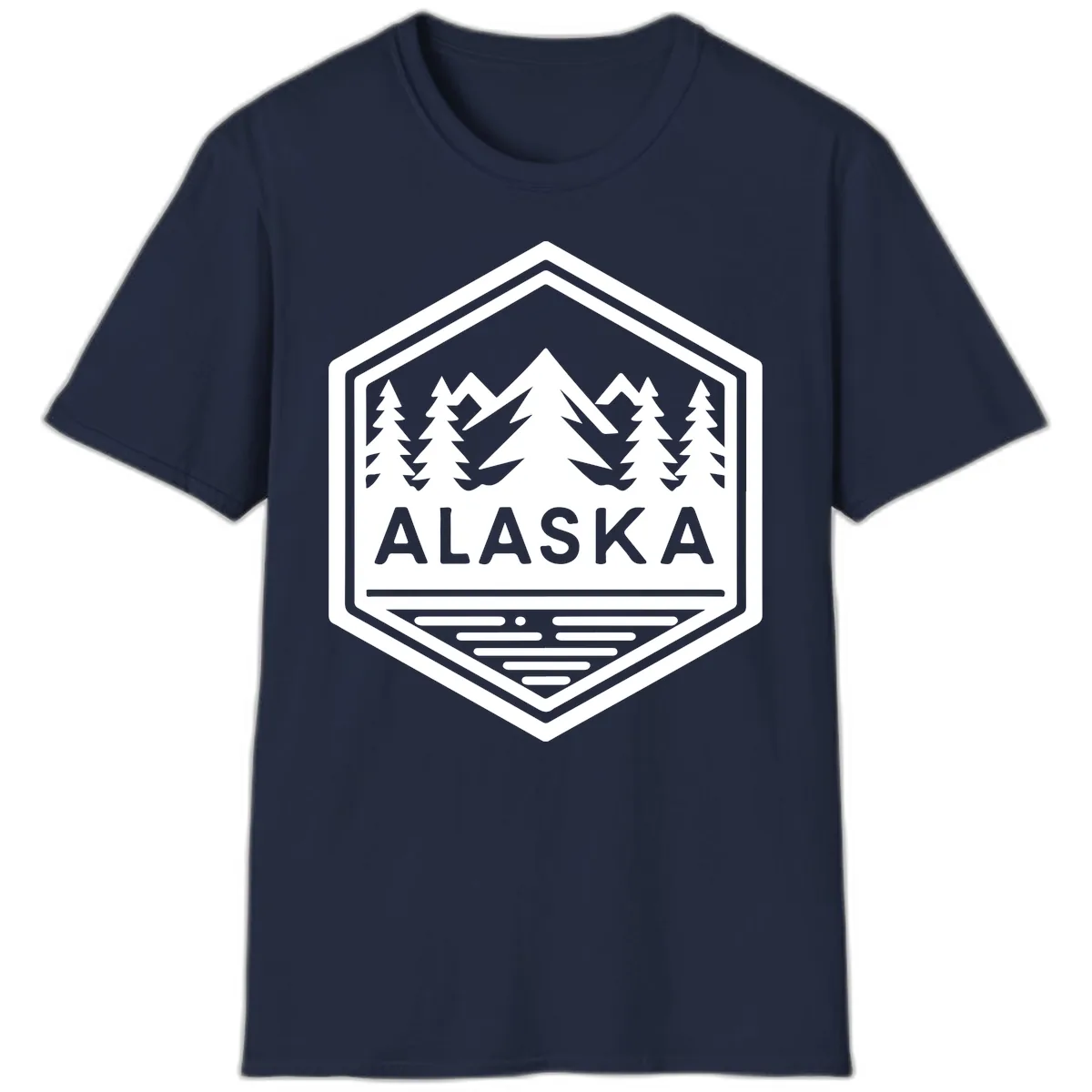 Alaska Scenic Mountain Lake Badge T-Shirt in Navy
