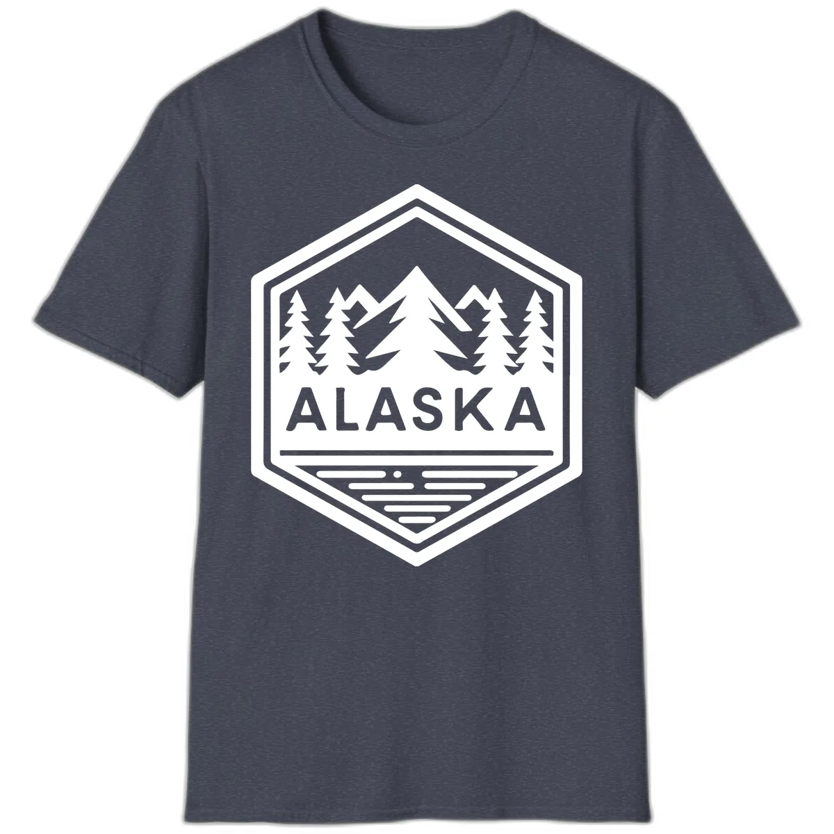 Alaska Scenic Mountain Lake Badge T-Shirt in Heather Navy