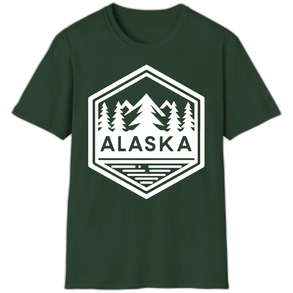 Alaska Scenic Mountain Lake Badge T-Shirt in Forest Green