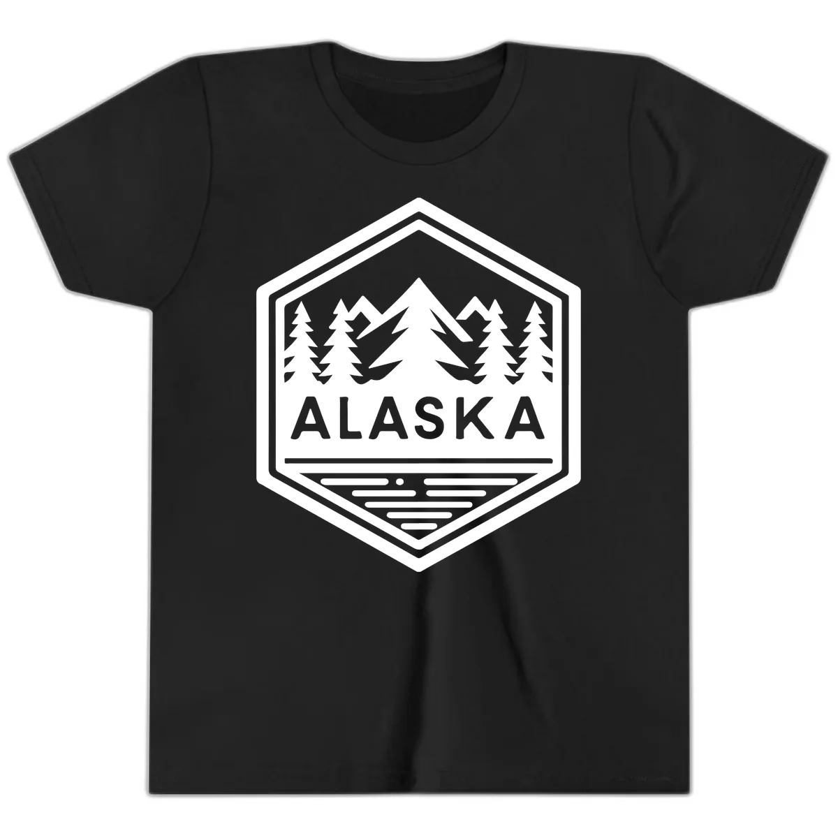Alaska Scenic Mountain Lake Badge Youth T-Shirt in Black