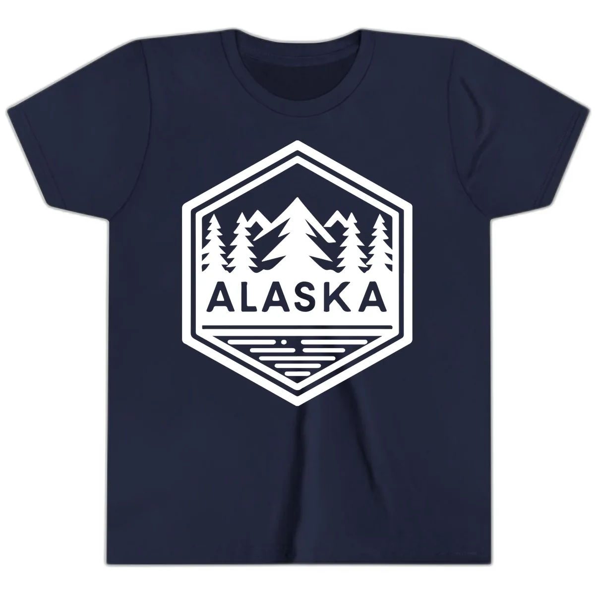 Alaska Scenic Mountain Lake Badge Youth T-Shirt in Navy