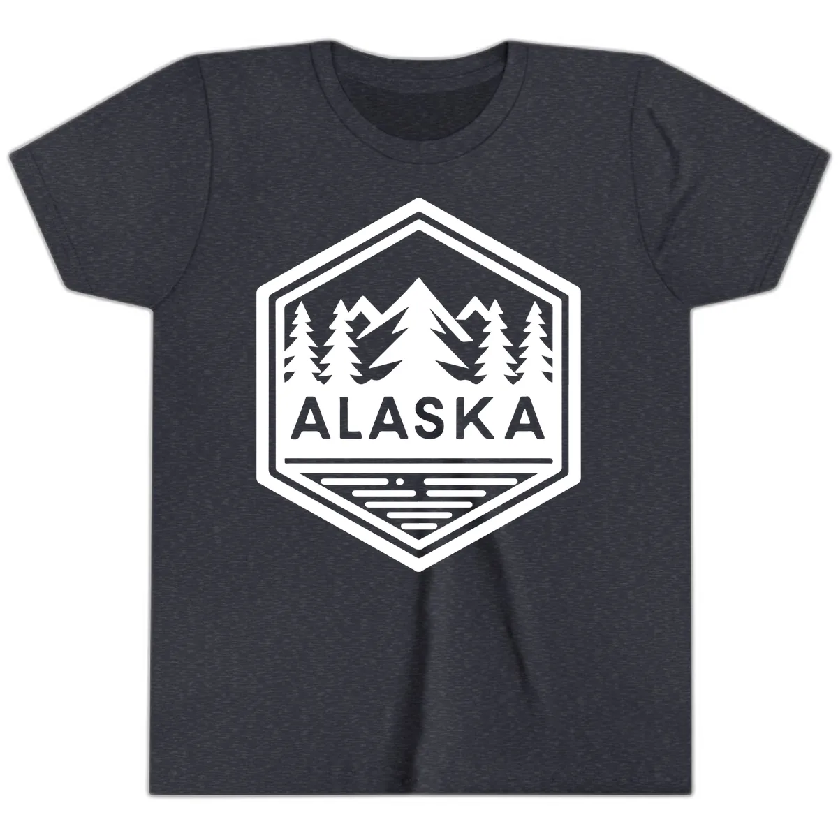 Alaska Scenic Mountain Lake Badge Youth T-Shirt in Heather Navy