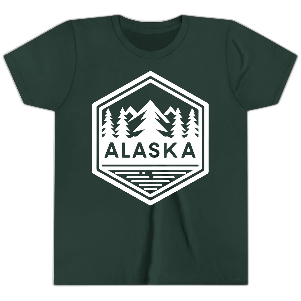 Alaska Scenic Mountain Lake Badge Youth T-Shirt in Forest