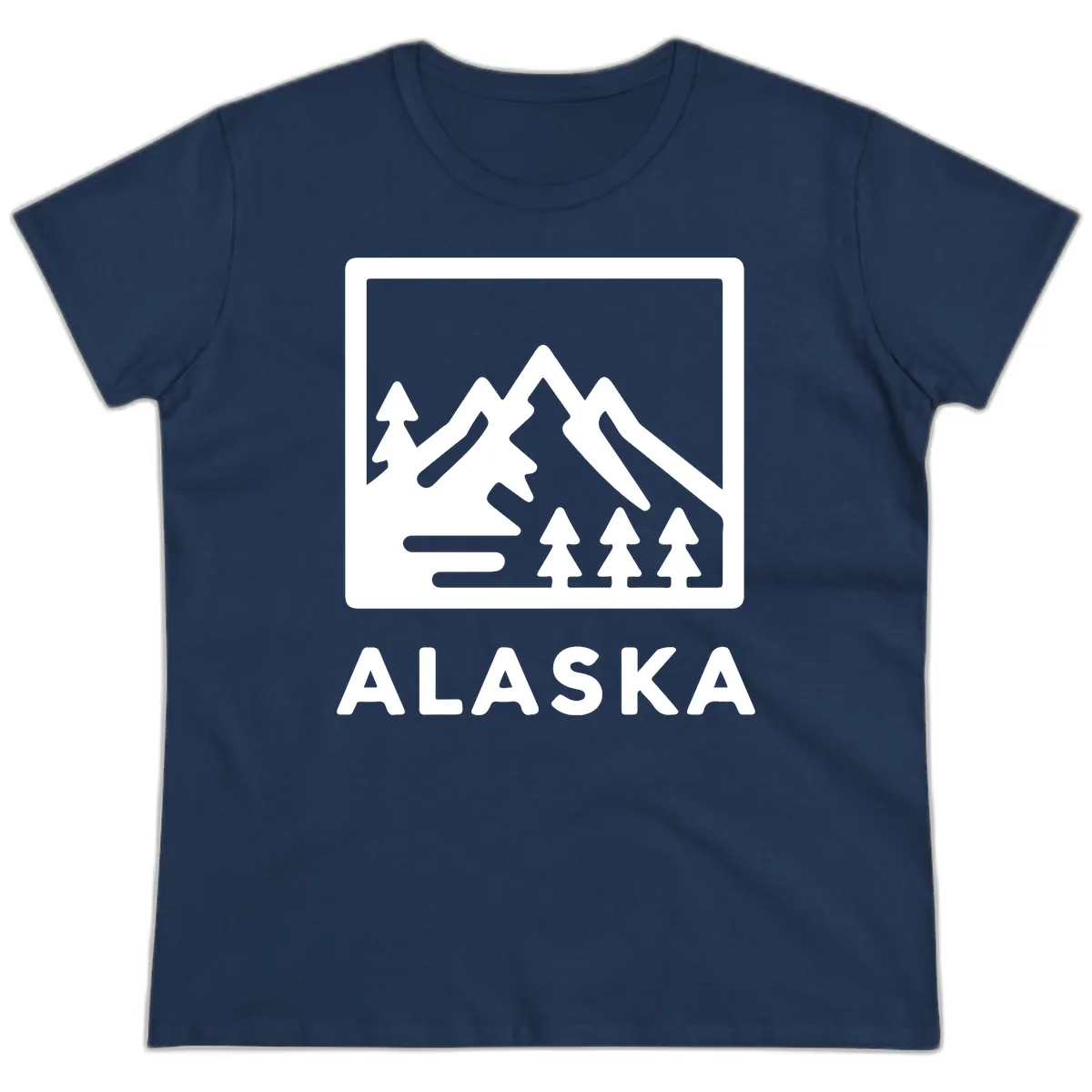 Alaskan Mountain Forest Landscape Ladies Tee in Navy