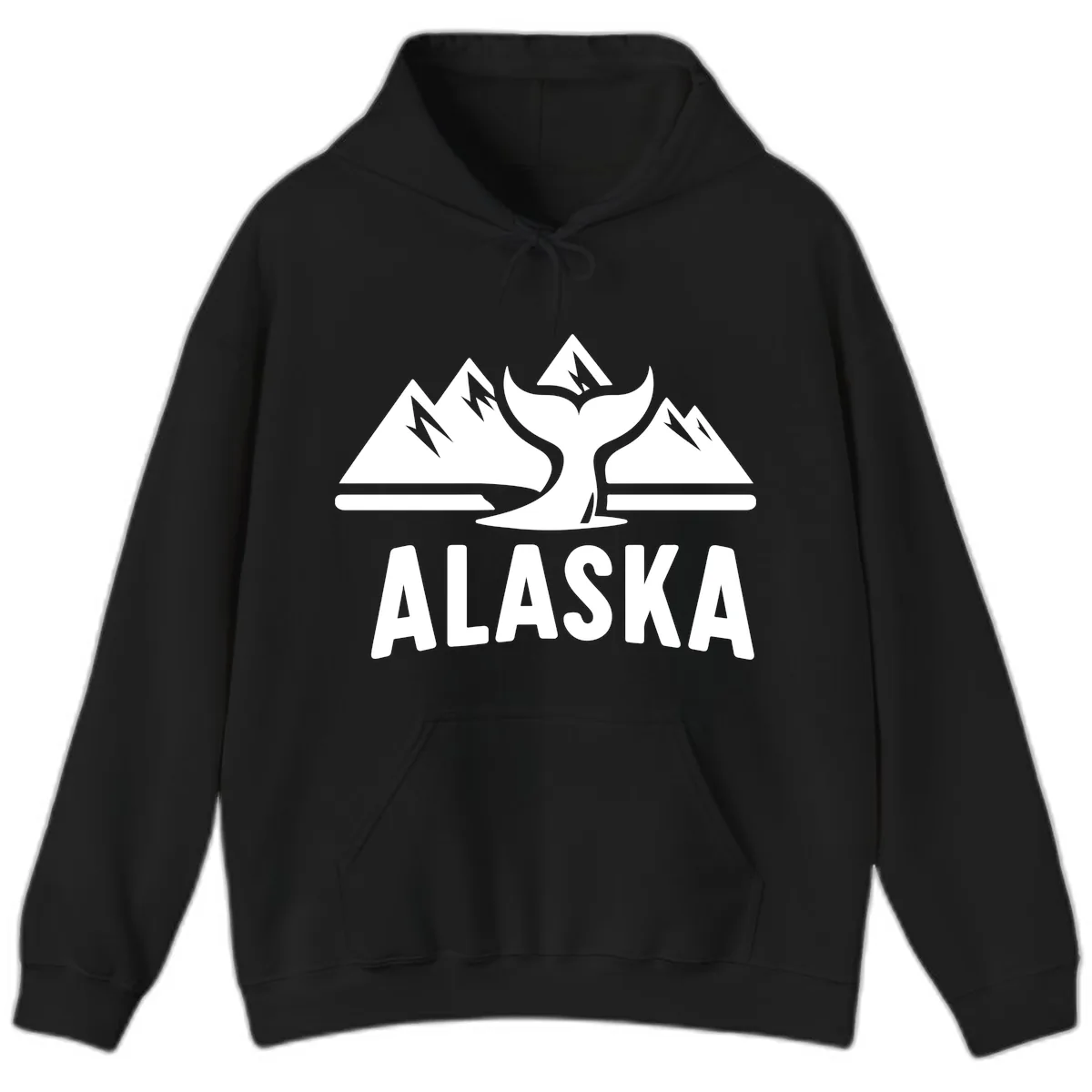 Alaska Mountains Whale Tail Scenic Design Hoodie in Black