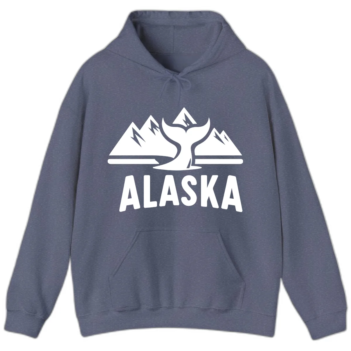 Alaska Mountains Whale Tail Scenic Design Hoodie in Heather Navy