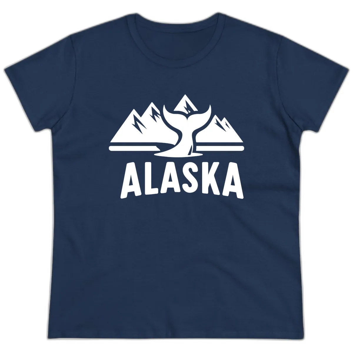 Alaska Mountains Whale Tail Scenic Design Ladies Tee in Navy
